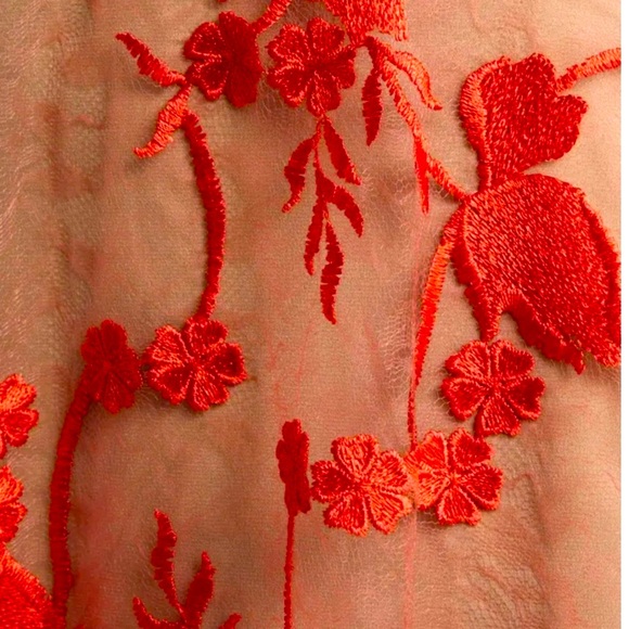 Audrey Fit & Flare Sheer Lace Floral Appliqué Midi Dress COLOR: Poppy Red/Orange - Picture 6 of 9